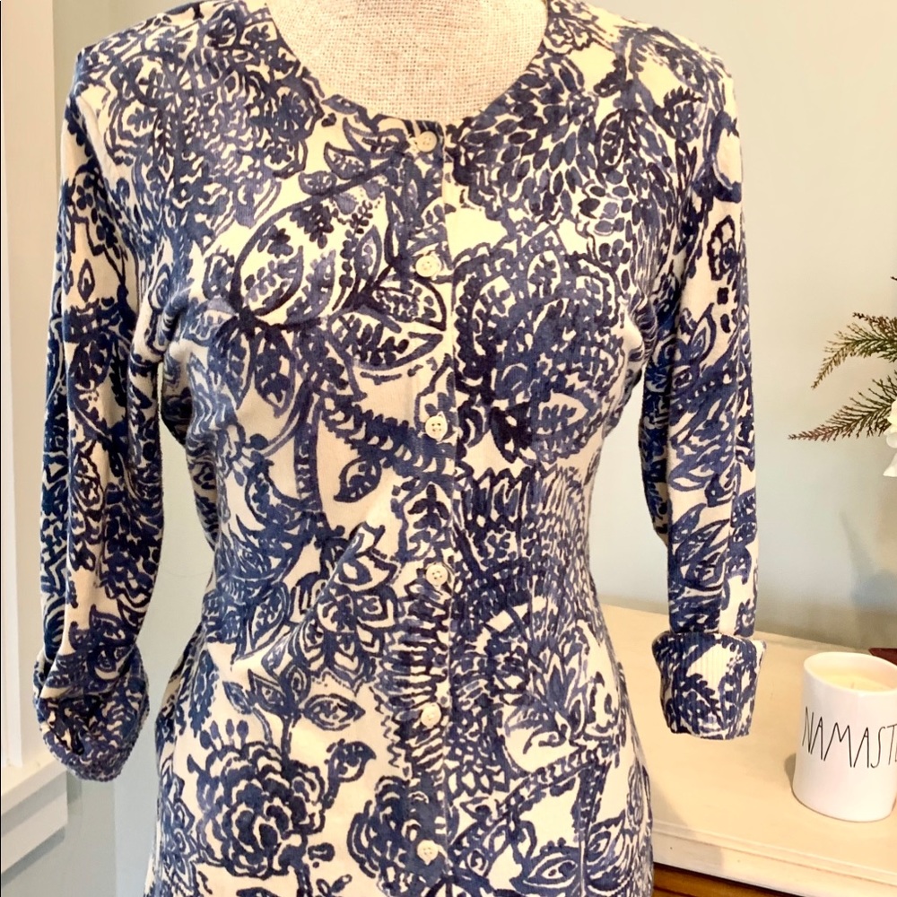 Cardigan Sweater. Blue and white button down. Sz M